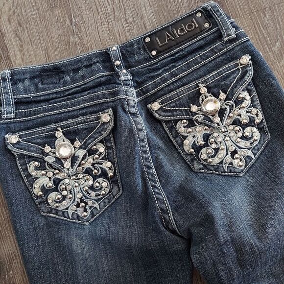 LA Idol USA Girls Denim Rhinestone Pockets Capri Jeans Size 10 - Picture 5 of 10